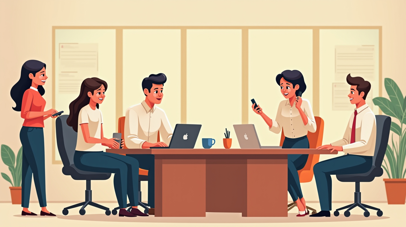 there are many people sitting at a desk with a cell phone corporate animation style flat illustrati 94uddy1b6sz844we9gfw 1